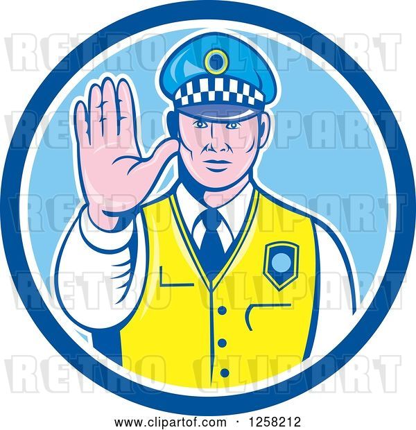 Vector Clip Art of Retro Male Police Guy Gesturing to Stop in a Blue and White Circle