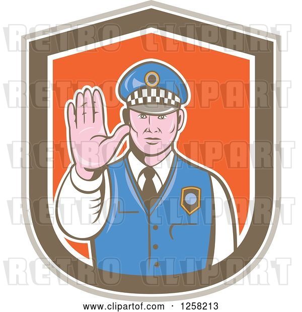 Vector Clip Art of Retro Male Police Guy Gesturing to Stop in a Brown White and Orange Shield
