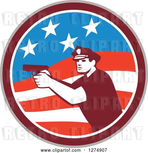 Vector Clip Art of Retro Male Police Officer Aiming a Firearm in an American Flag Circle
