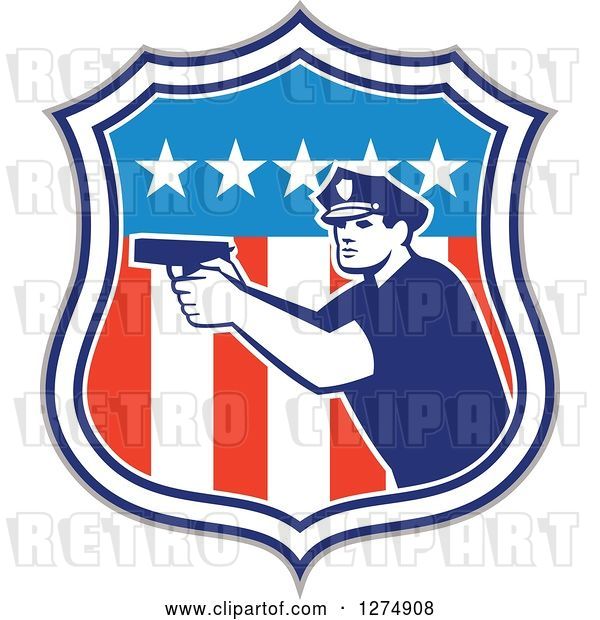 Vector Clip Art of Retro Male Police Officer Aiming a Firearm in an American Flag Shield