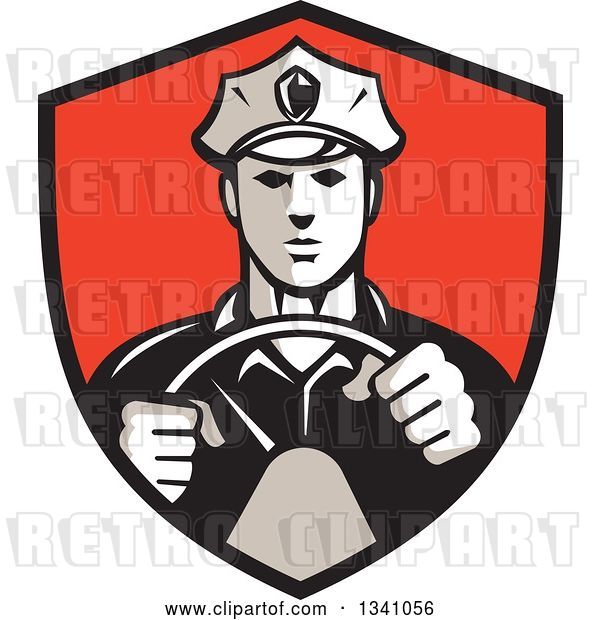 Vector Clip Art of Retro Male Police Officer Driving with Both Hands on the Steering Wheel in a Red and Black Shield