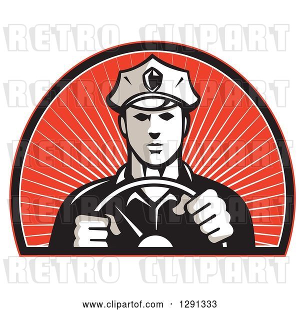 Vector Clip Art of Retro Male Police Officer Driving with Both Hands on the Steering Wheel in an Arch of Red Sunshine