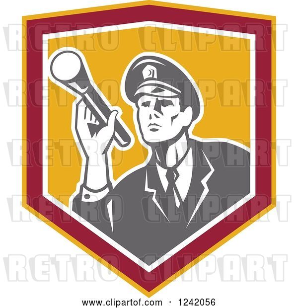 Vector Clip Art of Retro Male Police Officer or Security Guard Shining a Flashlight in a Shield