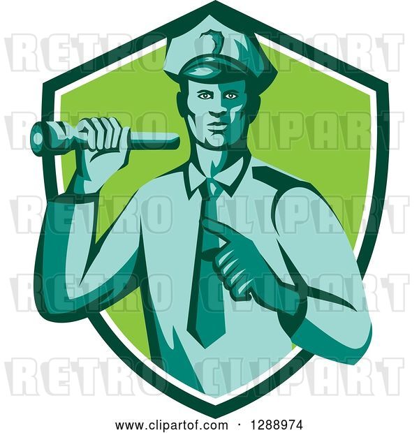 Vector Clip Art of Retro Male Police Officer Shining a Flashlight and Pointing in a Navy Blue White and Green Shield