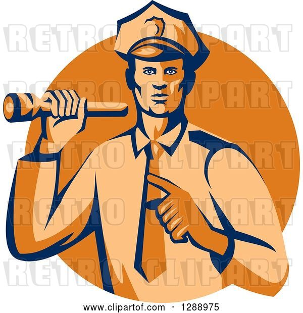 Vector Clip Art of Retro Male Police Officer Shining a Flashlight and Pointing over an Orange Circle