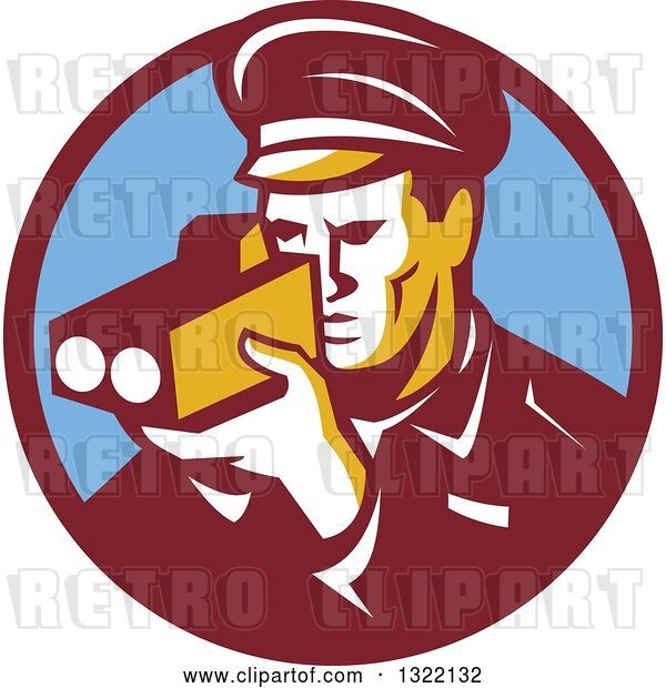 Vector Clip Art of Retro Male Police Officer Using a Speed Radar Camera in Maroon and Blue Circle