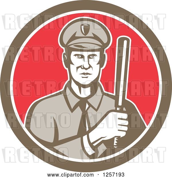 Vector Clip Art of Retro Male Policeman with a Baton in a Brown White and Red Circle