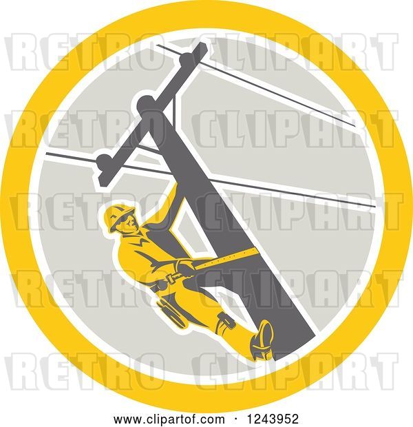 Vector Clip Art of Retro Male Power Lineman Scaling a Pole in a Circle