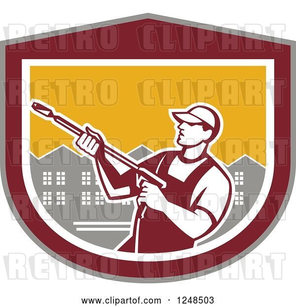 Vector Clip Art of Retro Male Pressure Washer over Houses in a Shield