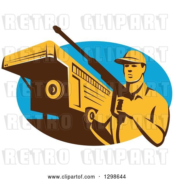 Vector Clip Art of Retro Male Pressure Washer with a Stock Trailer in a Blue Oval