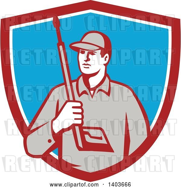 Vector Clip Art of Retro Male Pressure Washer Worker Holding a Washing Gun in a Red White and Blue Shield