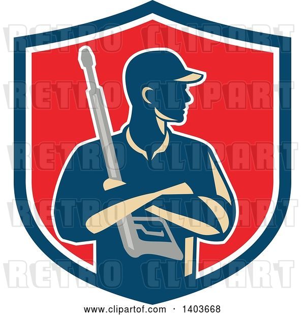 Vector Clip Art of Retro Male Pressure Washer Worker Holding a Washing Gun in Folded Arms in a Blue White and Red Shield