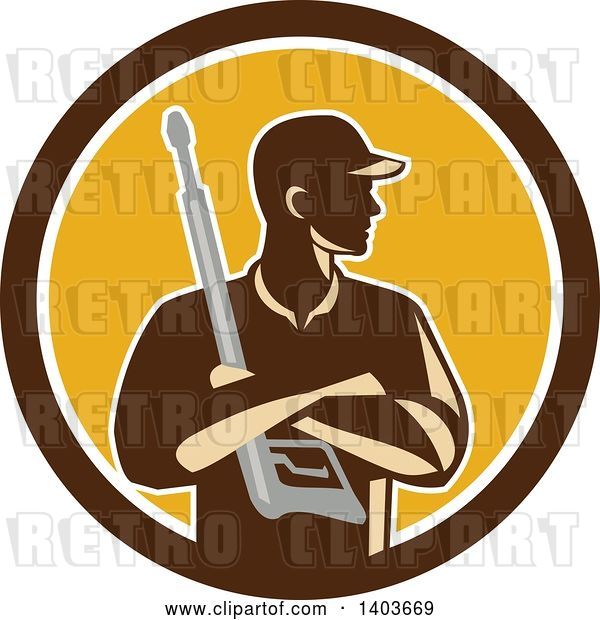 Vector Clip Art of Retro Male Pressure Washer Worker Holding a Washing Gun in Folded Arms in a Brown White and Yellow Circle