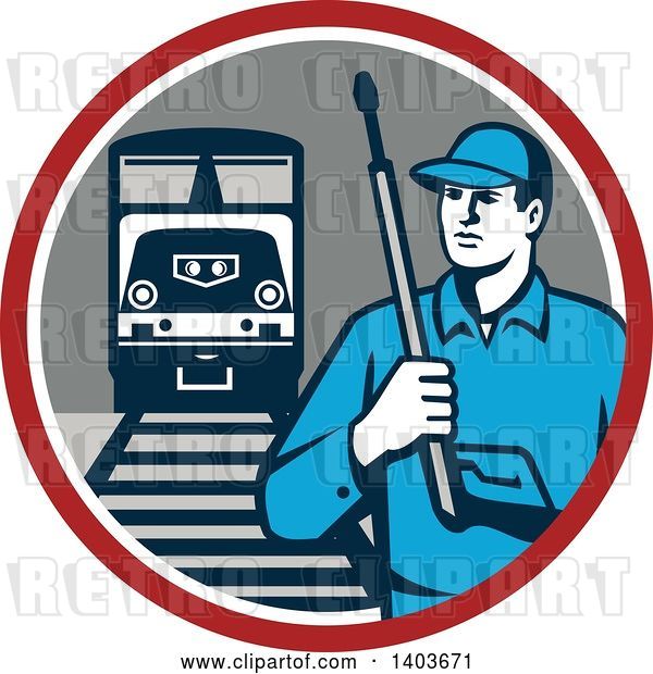 Vector Clip Art of Retro Male Pressure Washer Worker in a Circle with a Train and Tracks