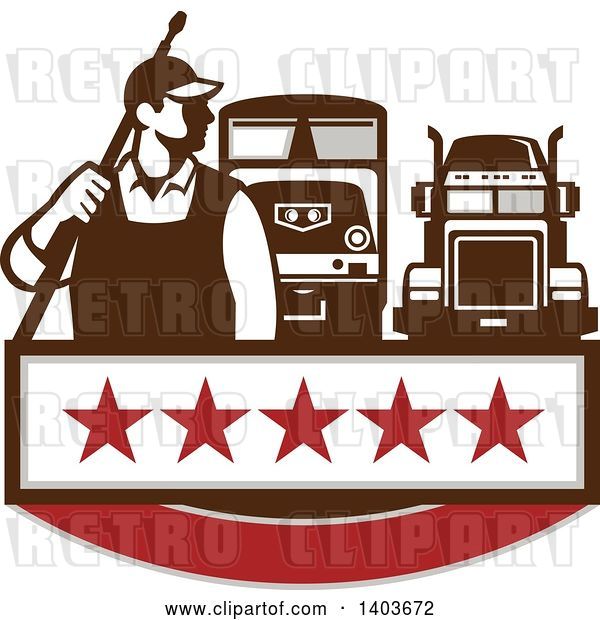 Vector Clip Art of Retro Male Pressure Washer Worker Standing with a Wand over His Shoulder and Big Rig Trucks over a Banner with Stars