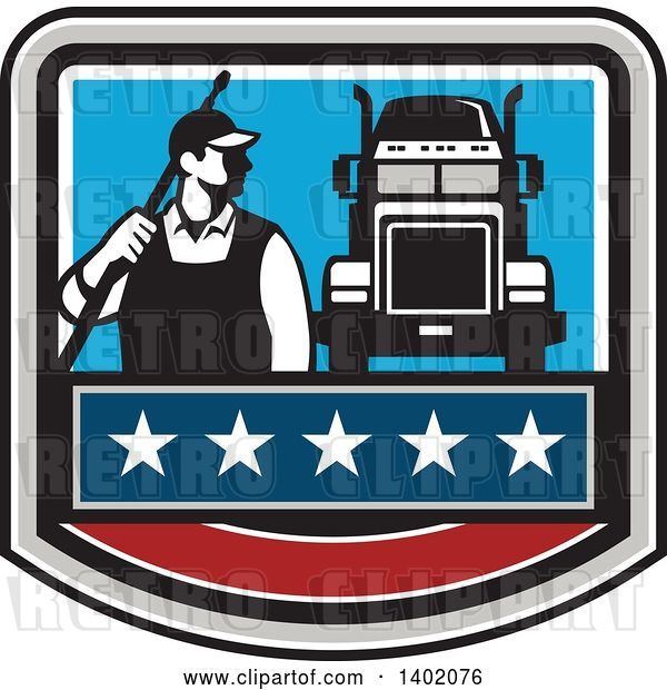Vector Clip Art of Retro Male Pressure Washer Worker Standing with a Wand over His Shoulder by a Big Rig Truck in a Crest
