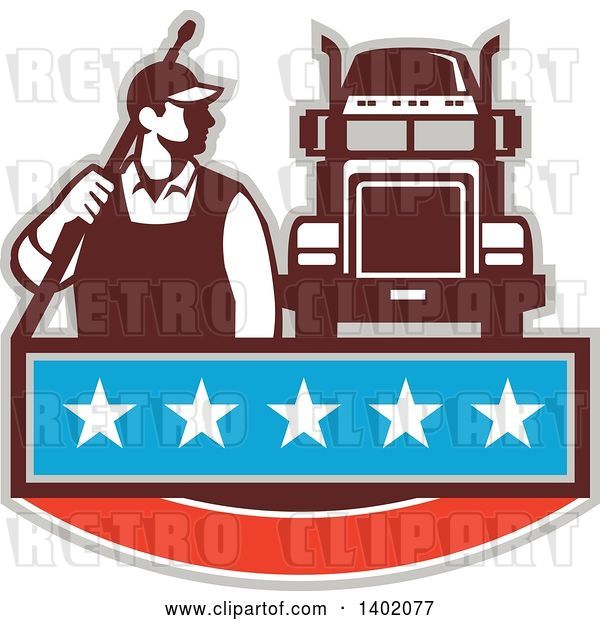 Vector Clip Art of Retro Male Pressure Washer Worker Standing with a Wand over His Shoulder by a Big Rig Truck over a Banner with Stars