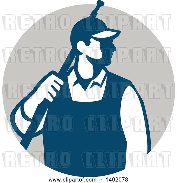 Vector Clip Art of Retro Male Pressure Washer Worker Standing with a Wand over His Shoulder in a Gray Circle