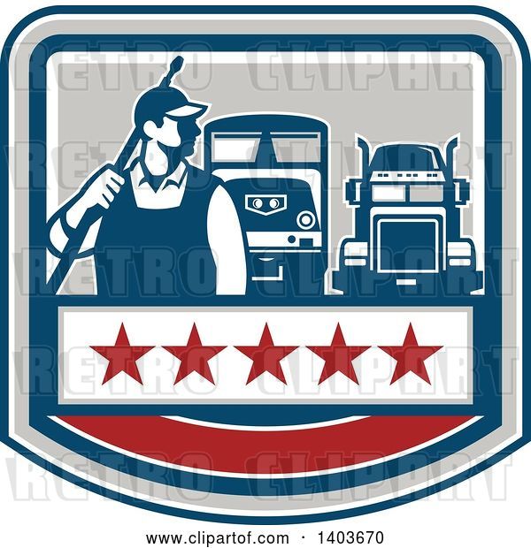 Vector Clip Art of Retro Male Pressure Washer Worker Standing with a Wand over His Shoulder with Big Rig Trucks over a Banner with Stars