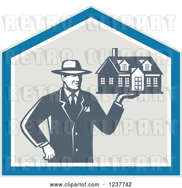 Vector Clip Art of Retro Male Real Estate Agent Holding a House in a Shield