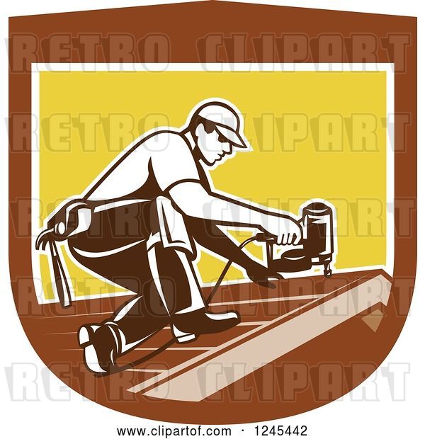 Vector Clip Art of Retro Male Roofer Using a Nail Gun in a Shield