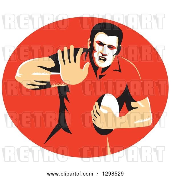 Vector Clip Art of Retro Male Rugby Player Fending in a Red Oval