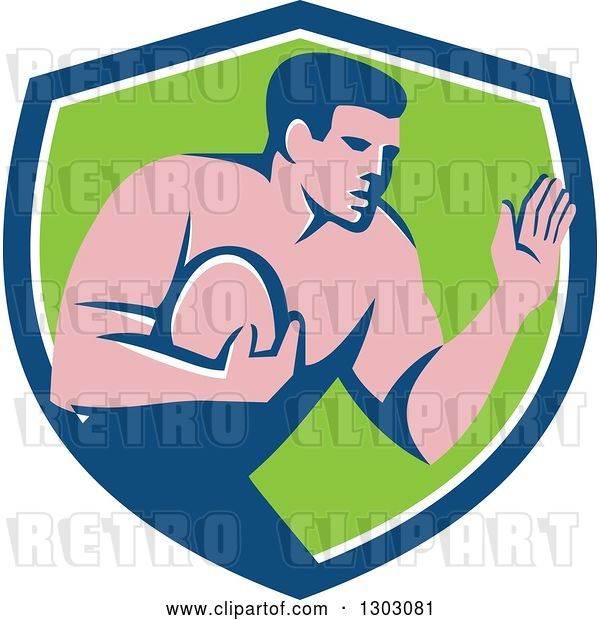 Vector Clip Art of Retro Male Rugby Player Fending off in a Blue White and Green Shield
