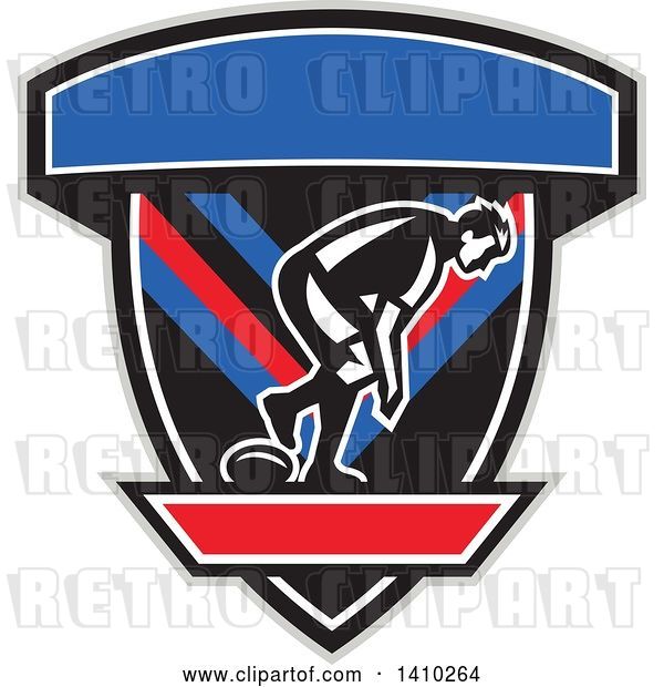 Vector Clip Art of Retro Male Rugby Player in a Black Gray Red White and Blue Shield