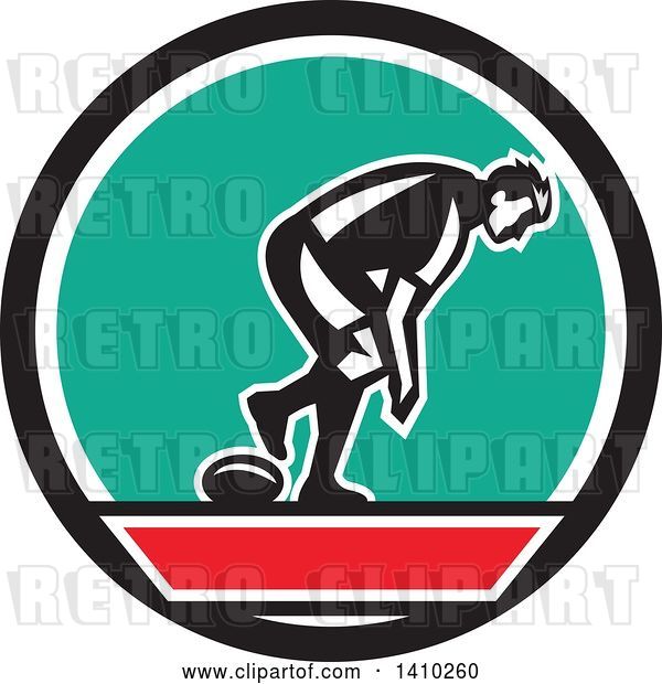 Vector Clip Art of Retro Male Rugby Player in a Black Red White and Turquoise Circle
