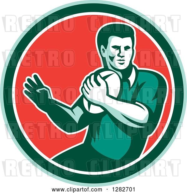 Vector Clip Art of Retro Male Rugby Player in a Green White and Red Circle