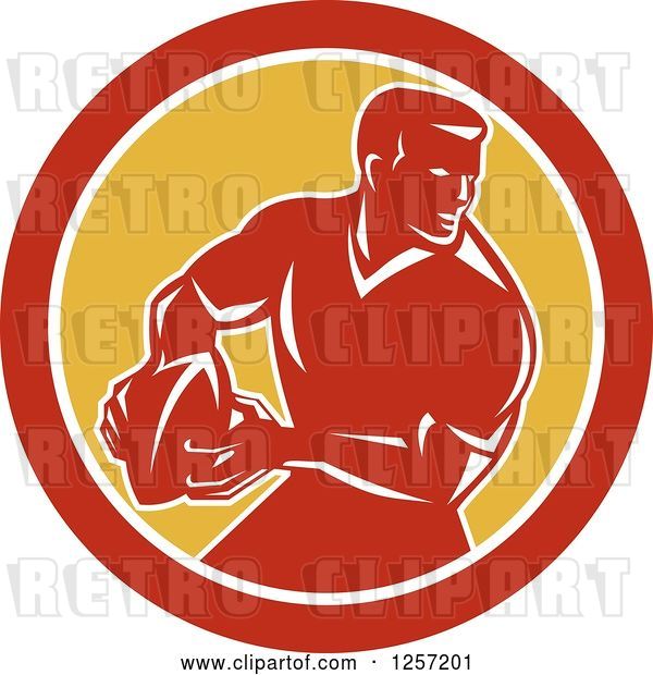 Vector Clip Art of Retro Male Rugby Player in a Red White and Yellow Circle