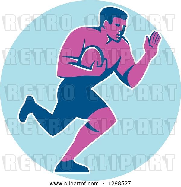 Vector Clip Art of Retro Male Rugby Player Running and Fending in a Blue Circle