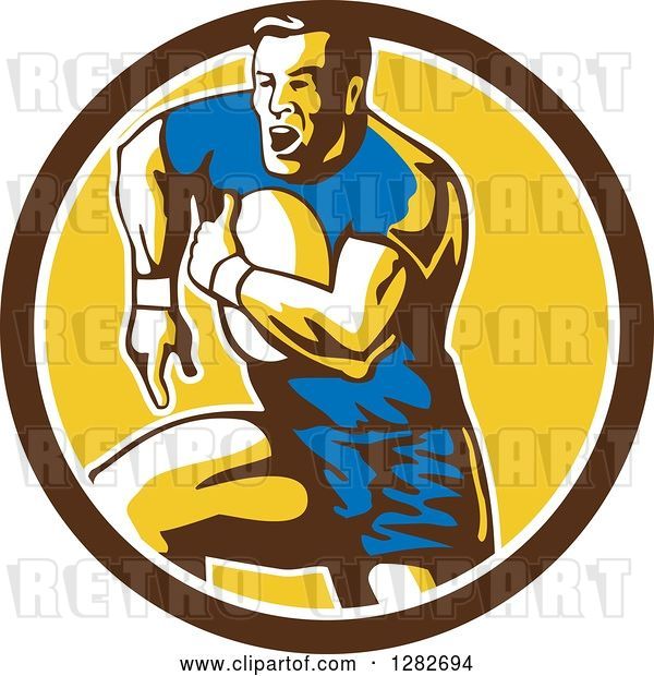 Vector Clip Art of Retro Male Rugby Player Running in a Brown White and Yellow Circle