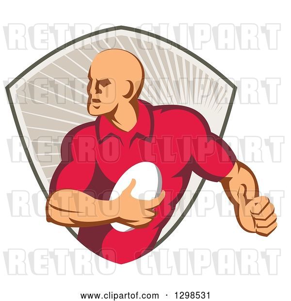 Vector Clip Art of Retro Male Rugby Player Running in a Taupe Ray Shield