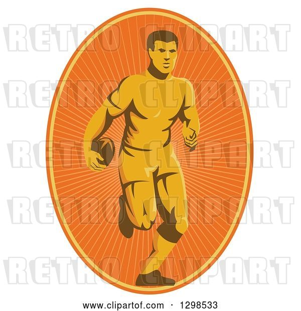 Vector Clip Art of Retro Male Rugby Player Running in an Orange Sunshine Oval