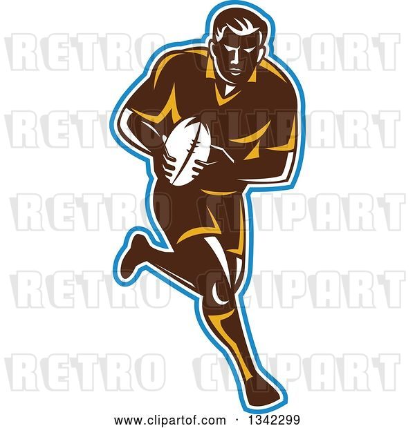 Vector Clip Art of Retro Male Rugby Player Running with the Ball, Outlined in Blue and White