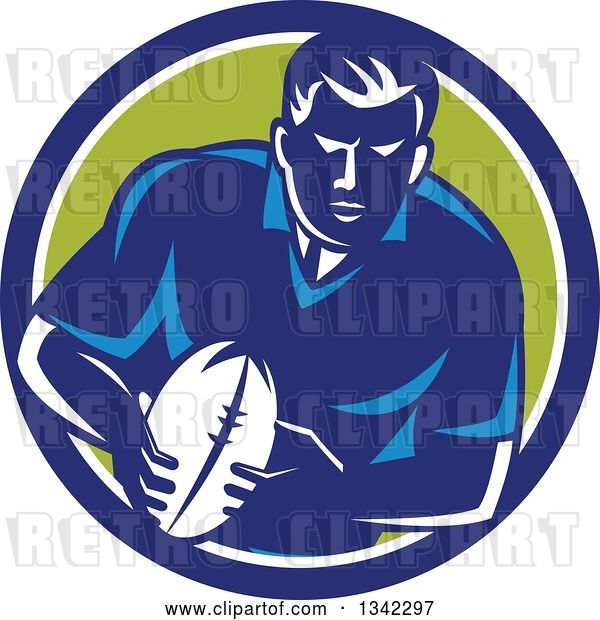 Vector Clip Art of Retro Male Rugby Player with the Ball Inside a Blue White and Green Circle