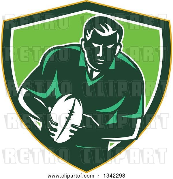 Vector Clip Art of Retro Male Rugby Player with the Ball Inside a Yellow Green and White Shield