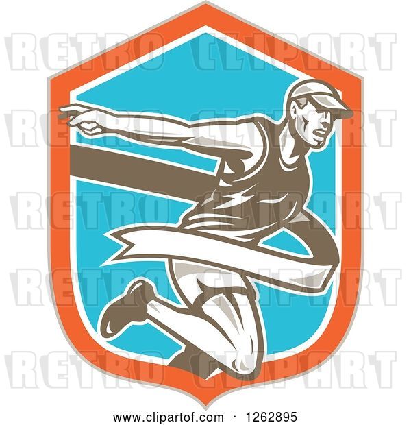 Vector Clip Art of Retro Male Runner Breaking Through a Finish Line in a Taupe Orange White and Blue Shield