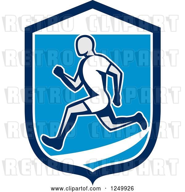 Vector Clip Art of Retro Male Runner in a Blue and White Shield
