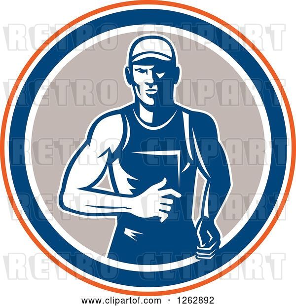 Vector Clip Art of Retro Male Runner in an Orange White Blue and Taupe Circle