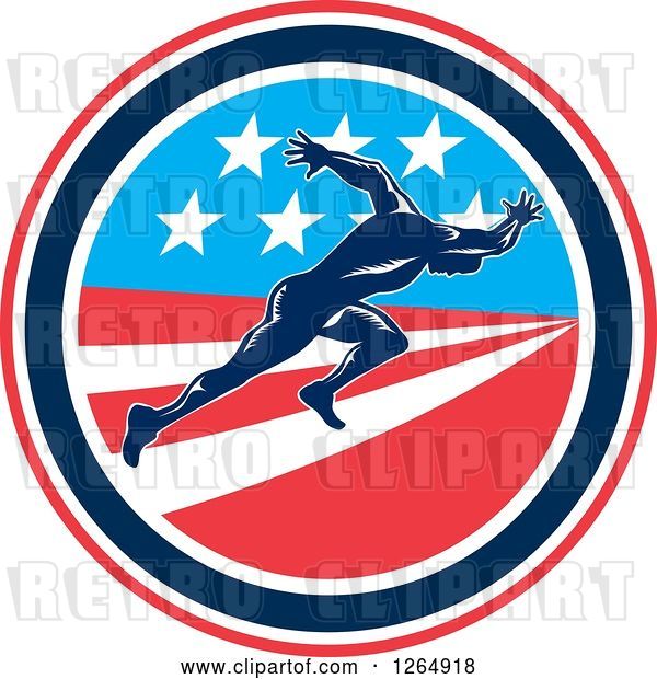 Vector Clip Art of Retro Male Runner Sprinting in an American Flag Circle