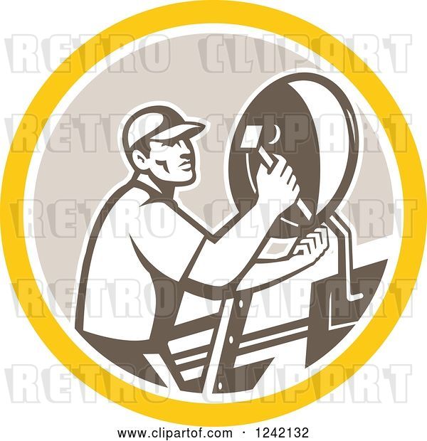 Vector Clip Art of Retro Male Satellite Installer Adjusting a Dish in a Circle