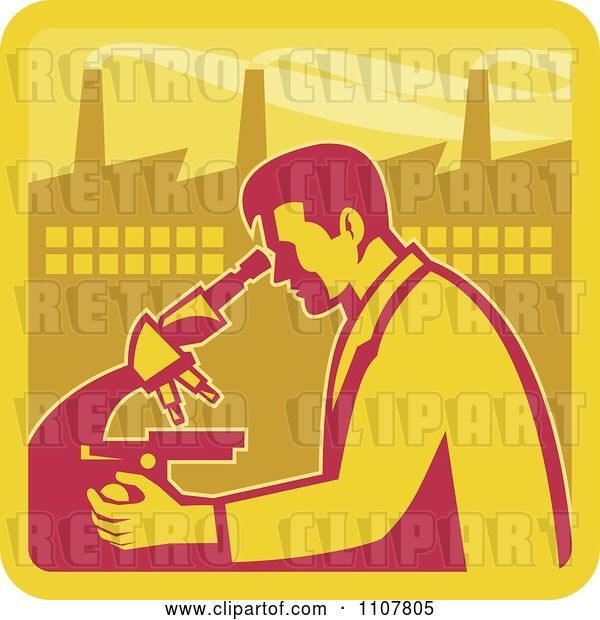 Vector Clip Art of Retro Male Scientist Looking into a Microscope with a Factory in the Background