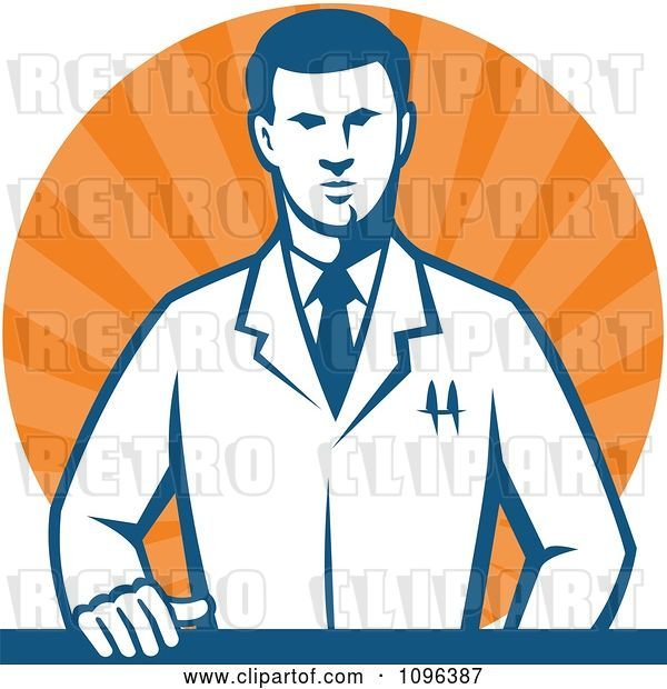 Vector Clip Art of Retro Male Scientist Resting One Hand on a Laboratory Counter over Orange Rays