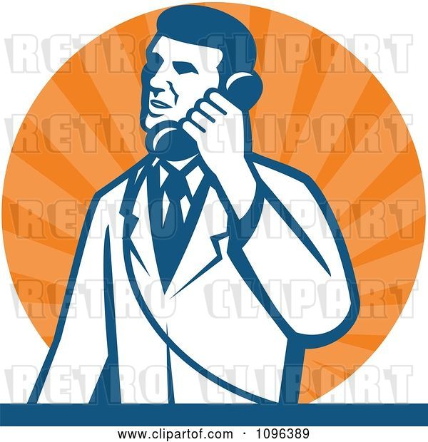 Vector Clip Art of Retro Male Scientist Talking on a Telephone over Orange Rays