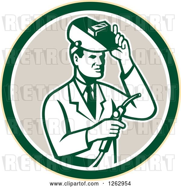 Vector Clip Art of Retro Male Scientist Welding in a Yellow Green White and Taupe Circle