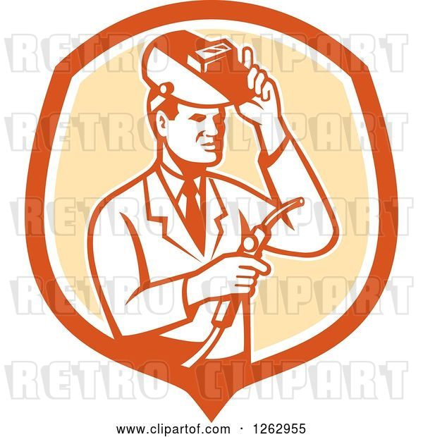 Vector Clip Art of Retro Male Scientist Welding in an Orange and White Shield