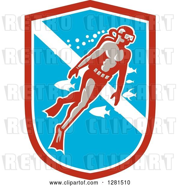 Vector Clip Art of Retro Male Scuba Diver with Fish in a Red White and Blue Shield