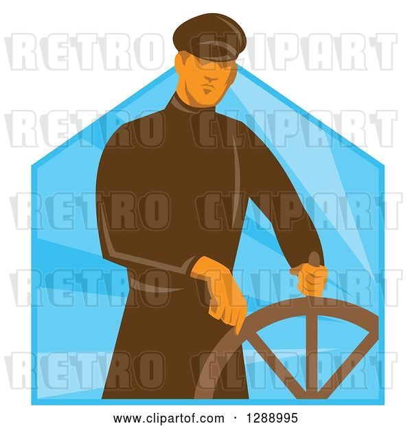 Vector Clip Art of Retro Male Sea Captain at the Helm Wheel over Blue Rays